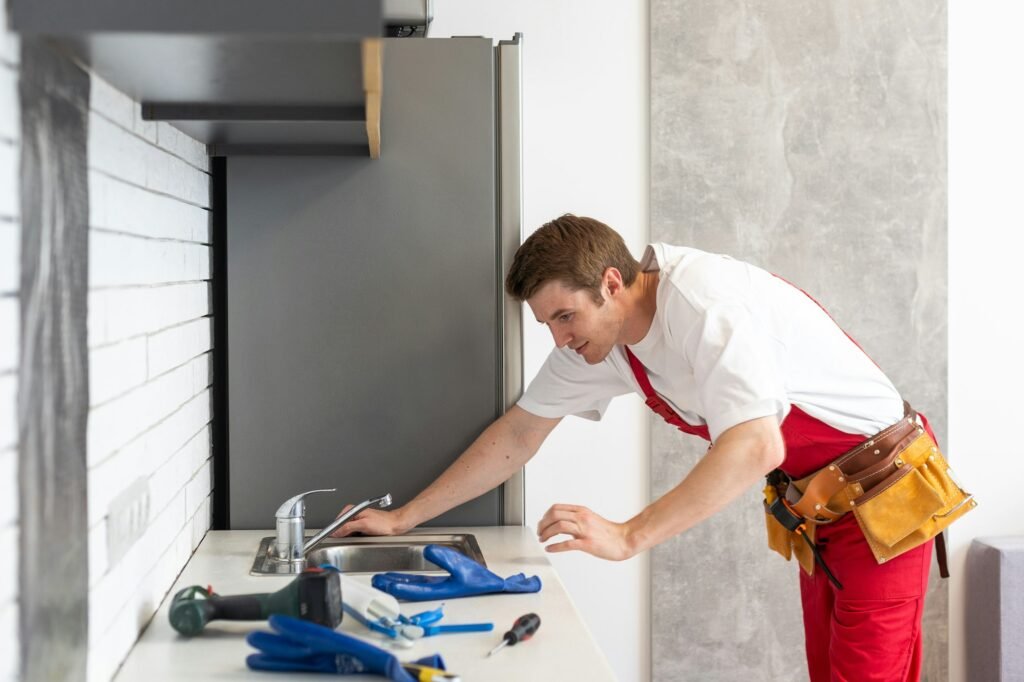 Plumber checking water flow from tap in kitchen, closeup. Repair service